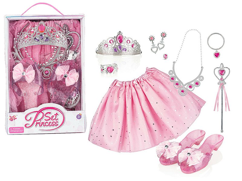 zestaw piękności, spódniczka, buty, różdżka, diadem, biżuteria; W/B